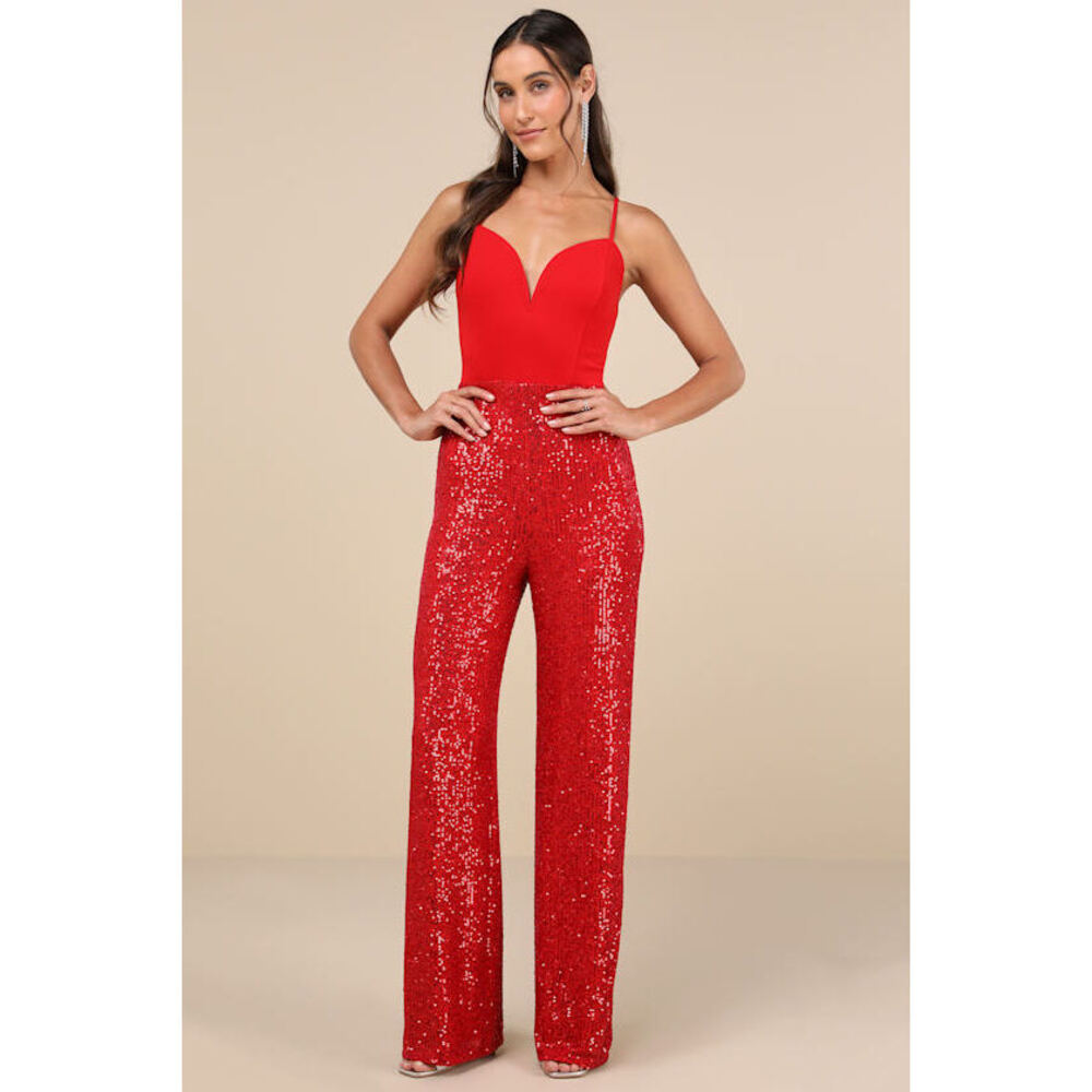 Lulus Dazzling Vision Red Sequin Sleeveless Wide-leg Jumpsuit - Size S
